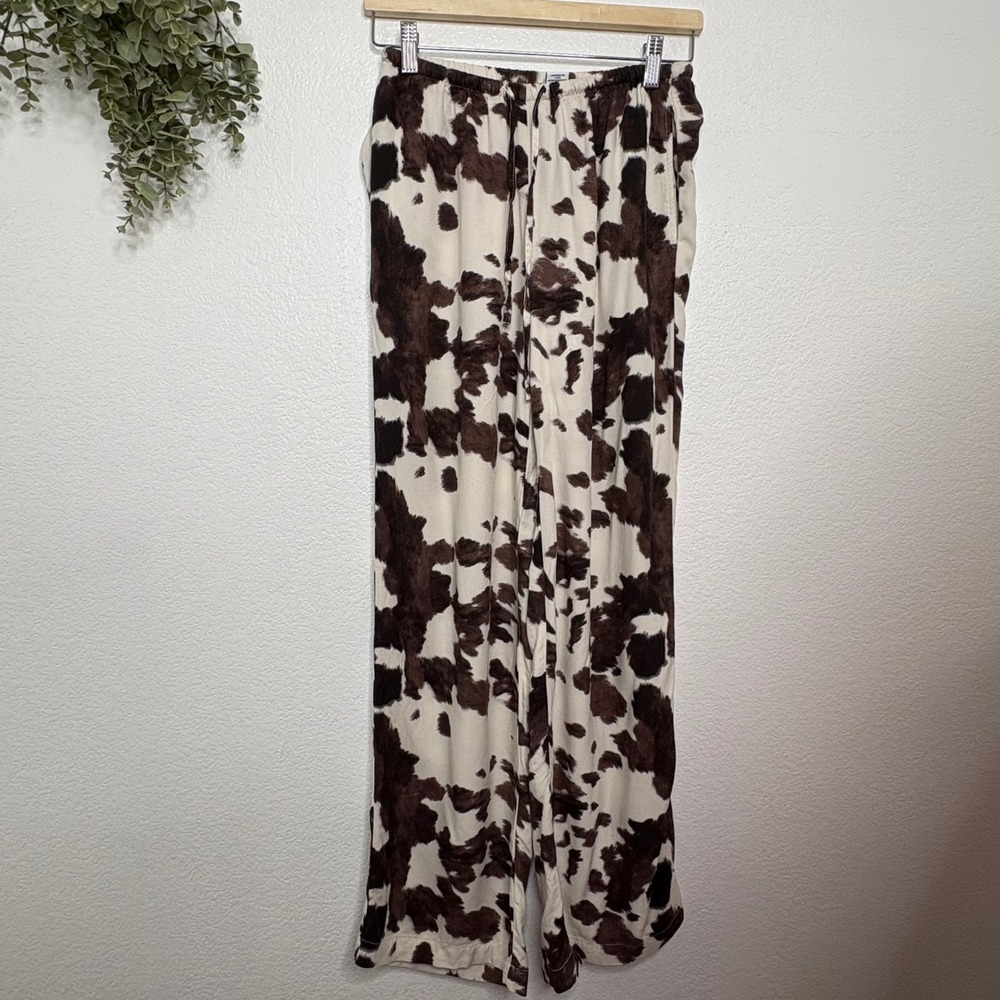 Sincerely Jules Brown Cow Print Wide Leg Elastic Waist Pants Small - Picture 2 of 10